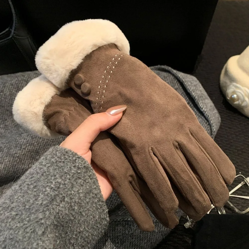 Faux Fur Trim Suede Winter Touch Screen Gloves Cold Weather One Size Windproof Thick Gloves Retro Fleece Lined Gloves Girls