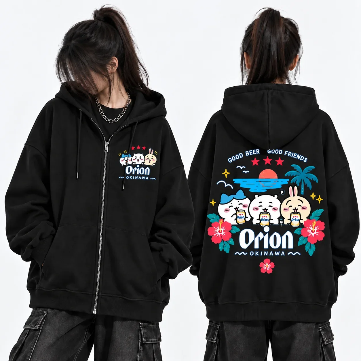 White Hoodie Men's Women's Chiikawa Cute Kawaii Japan Okinawa Beer Retro Cool Graphic Print Oversized Long Sleeve Streetwear Top