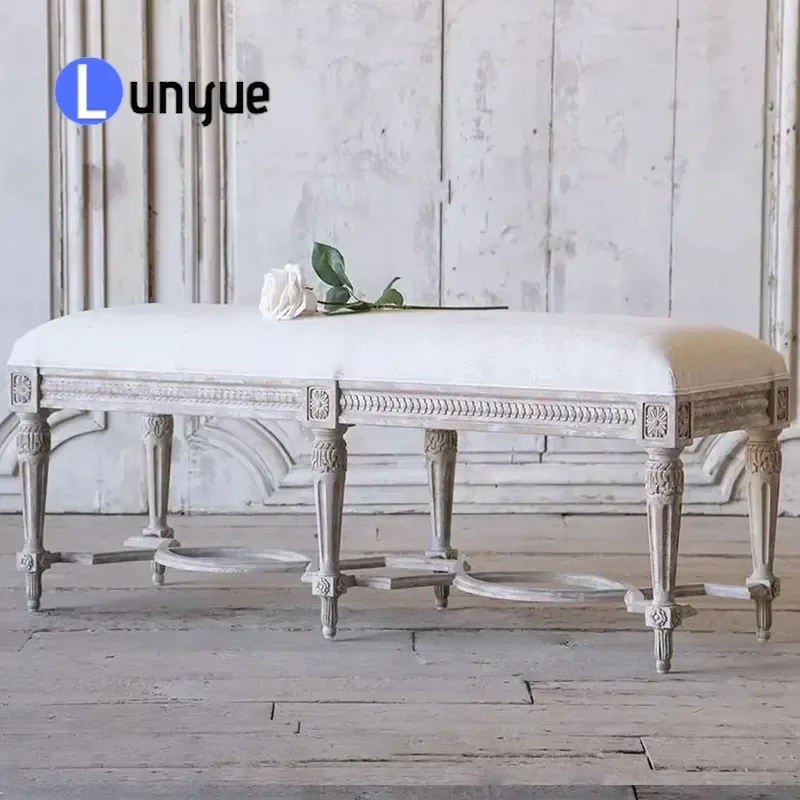 Custom French Antique Style Woodworking Bench Bedroom Bedside Stool Solid Wood Entryway Shoe Changing Seat Vintage Home Decor