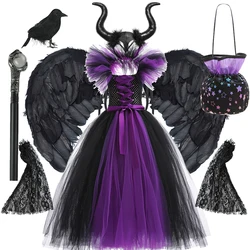 Maleficent Neck Dress Girls Halloween Theme Costume Cosplay abito in Tulle intrecciato a mano Evil Role Playing Outfits abito di lusso