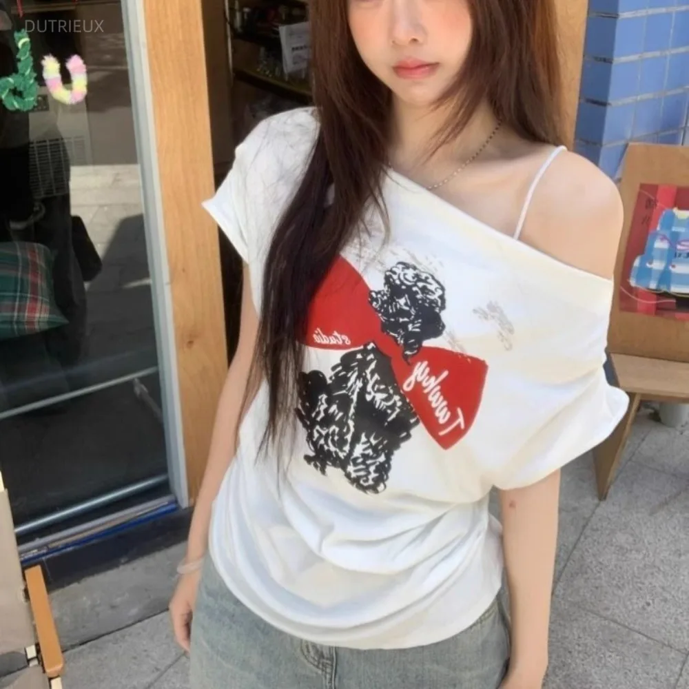 Simple Student Fresh Preppy Style T-shirt Spice Girls Cotton New Casual Skew Collar Tops Trendy Off Shoulder Ropa Mujer