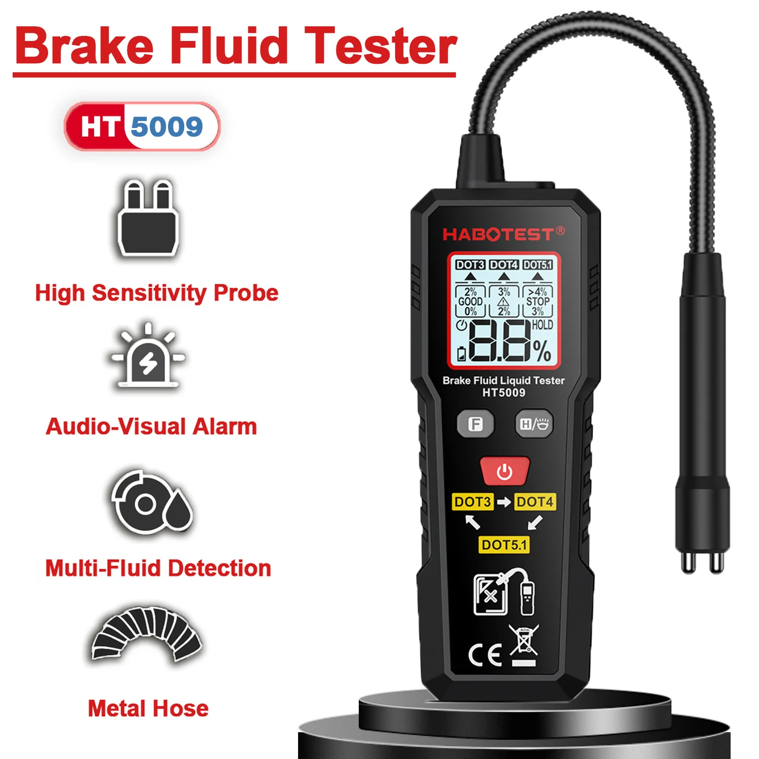 Digital Brake Fluid Tester Auto Car Brake Oil Detector for DOT3/DOT4/DOT5.1 Backlight Flexible Probe Brake Oil Moisture Analyzer 