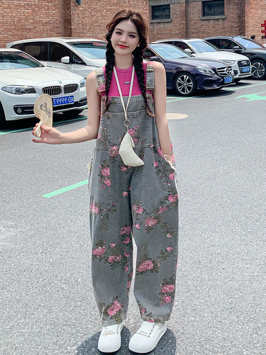 

Джинсовые комбинезоны с принтом в стиле ретро, женские свободные широкие брюки, синие джинсы с высокой талией и застежкой-молнией, удобный возрастной дизайн