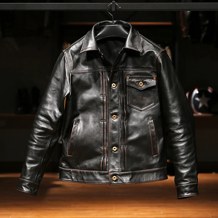 YR!Free shipping.YR,Brand Men Luxury vintage tea core horsehide jacket.Classic casual 506 genuine leather coat.Retro slim cloth