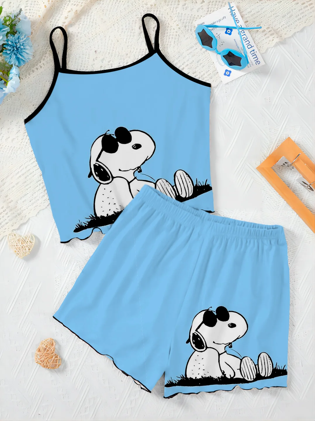 Disney-Conjunto feminino de duas peças com guarnição de alface, superior e inferior curtos, vestido deslizante, camiseta doméstica, terno elegante, peças Disney