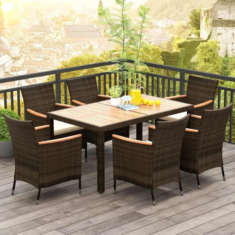 

7-Piece Outdoor Wicker Dining Set with Acacia Wood Table, Umbrella Hole, Suitable for Backyard, Balcony, Poolside - Brown & Beig