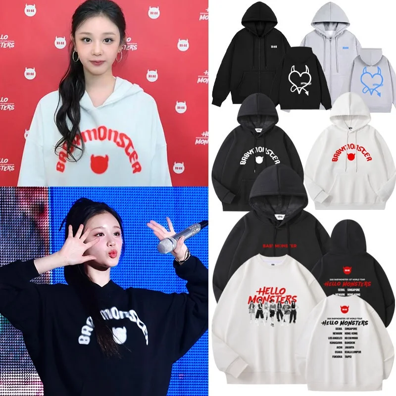 BabyMonster Hello Monsters Tour Concert Sudadera con capucha y cremallera, tipo cárdigan, de ajuste holgado, manga larga, de algodón y poliéster