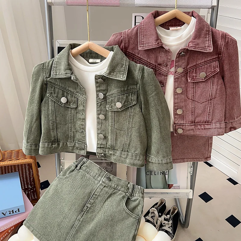 

Girls' Denim Set Spring and Autumn New Denim Jacket+Two-piece Skirt Set Wholesale