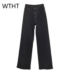 WTHT 2025 Spring Fashion Heavy Industry Diamond Straight Jeans New Trendy High Waist Casual Denim Trousers Female 1LS726