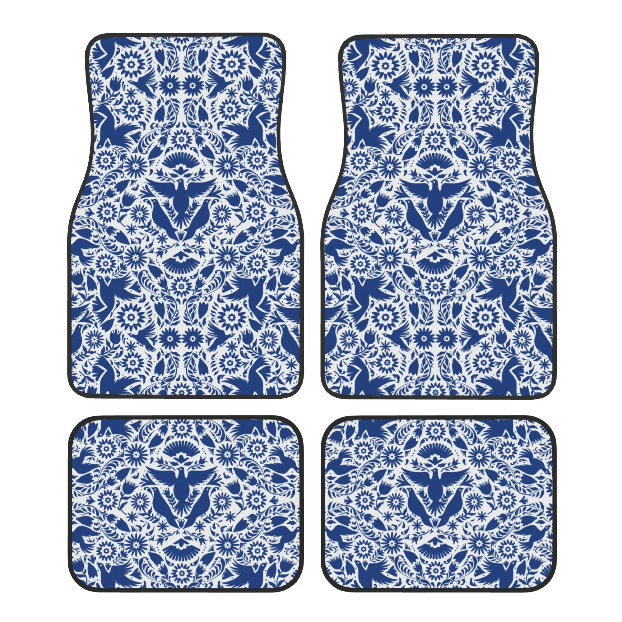 Alfombrillas para Auto, 4 Piezas, Terciopelo Cristal, Diseño de Aves Otomi y Flores Mexicanas, Universales, Delanteras y Traseras, Alfombras, Tapetes