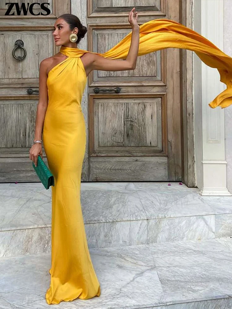 Vestido de fiesta elegante con cinta de satén y cuello Halter para mujer, vestidos sexis sin espalda con hombros descubiertos, vestidos sin mangas, novedad de primavera 2025