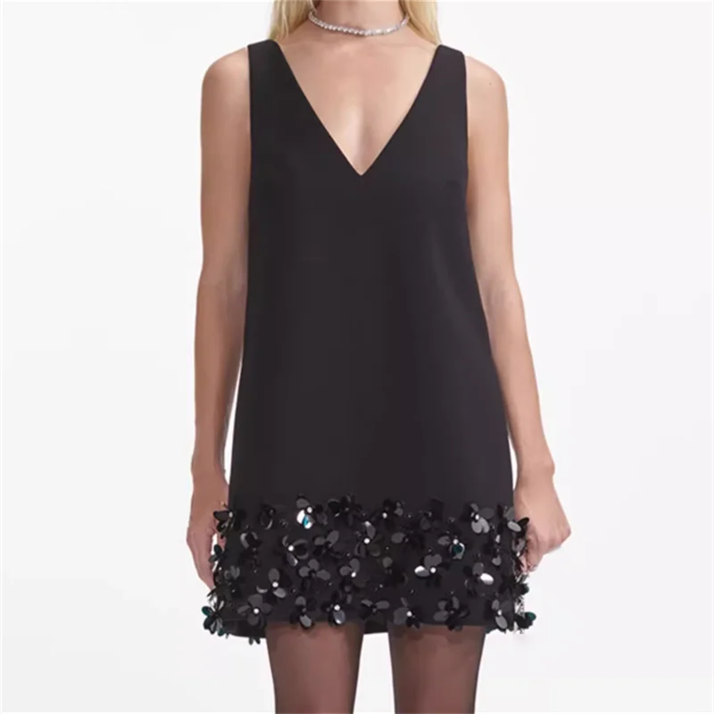 

Women's dress New handmade nail bead V-neck mini dress for summer 2025 Sexy off the shoulder short dresses banquet party dresses