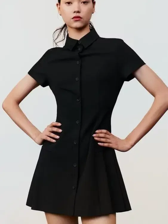 2025年ヨーロッパ夏新作レディースワンピースポロ襟通勤シャツショートAラインスカート