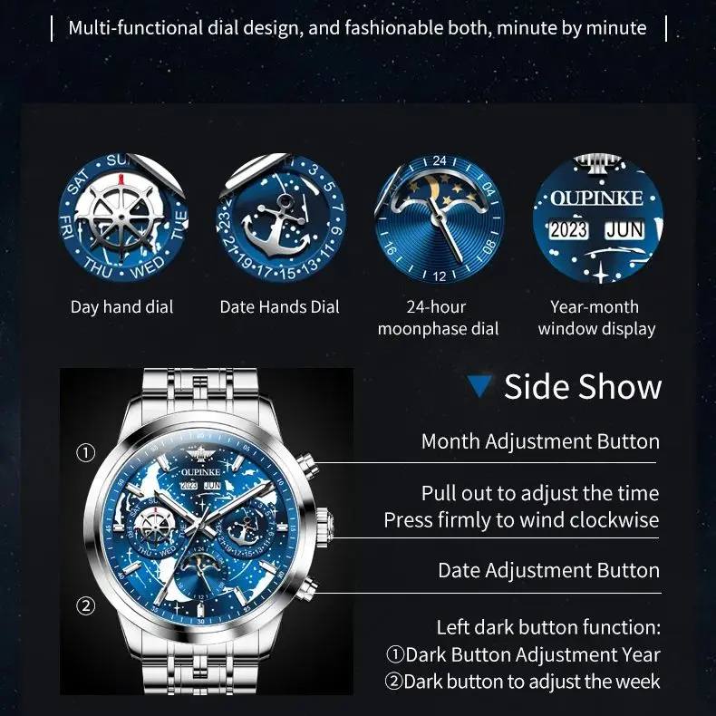 OUPINKE 3256 Orologio da uomo Luxury Brand Cielo stellato Fasi lunari Orologio impermeabile Cool Orologio meccanico automatico da uomo Orologio formale
