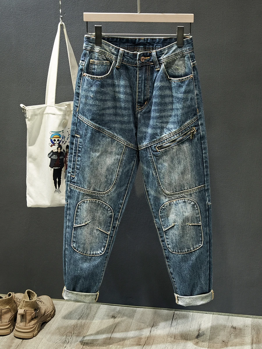 

Ретро американские свободные мужские джинсовые джинсы Харлан в стиле пэчворк, дизайнерские брюки на молнии, весенне-осенние модные рабочие брюки