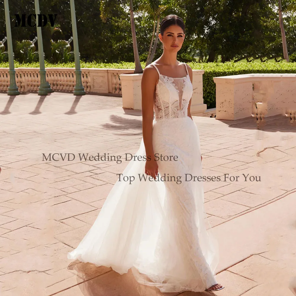 

MCDV Vintage Mermaid Bridal Gowns Gorgeous Lace Spaghetti Straps Applique Backless Princess Prom Wedding Dresses Customized
