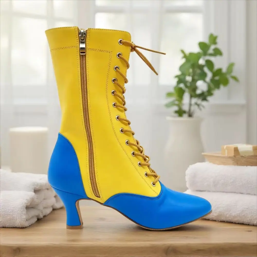 Leather Latin Dance Boots Women,7cm Chunky Heel Salsa Ballroom Shoes,Girl Side Zipper Sneaker Party Dancing Boots Footwear Shoes
