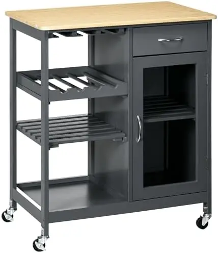 

Rolling Kitchen Island with , Kitchen Cart with 4-Bottle Wine Rack, Cart with Stemware Holder, Shelves, Drawer and Cabinet, Whi