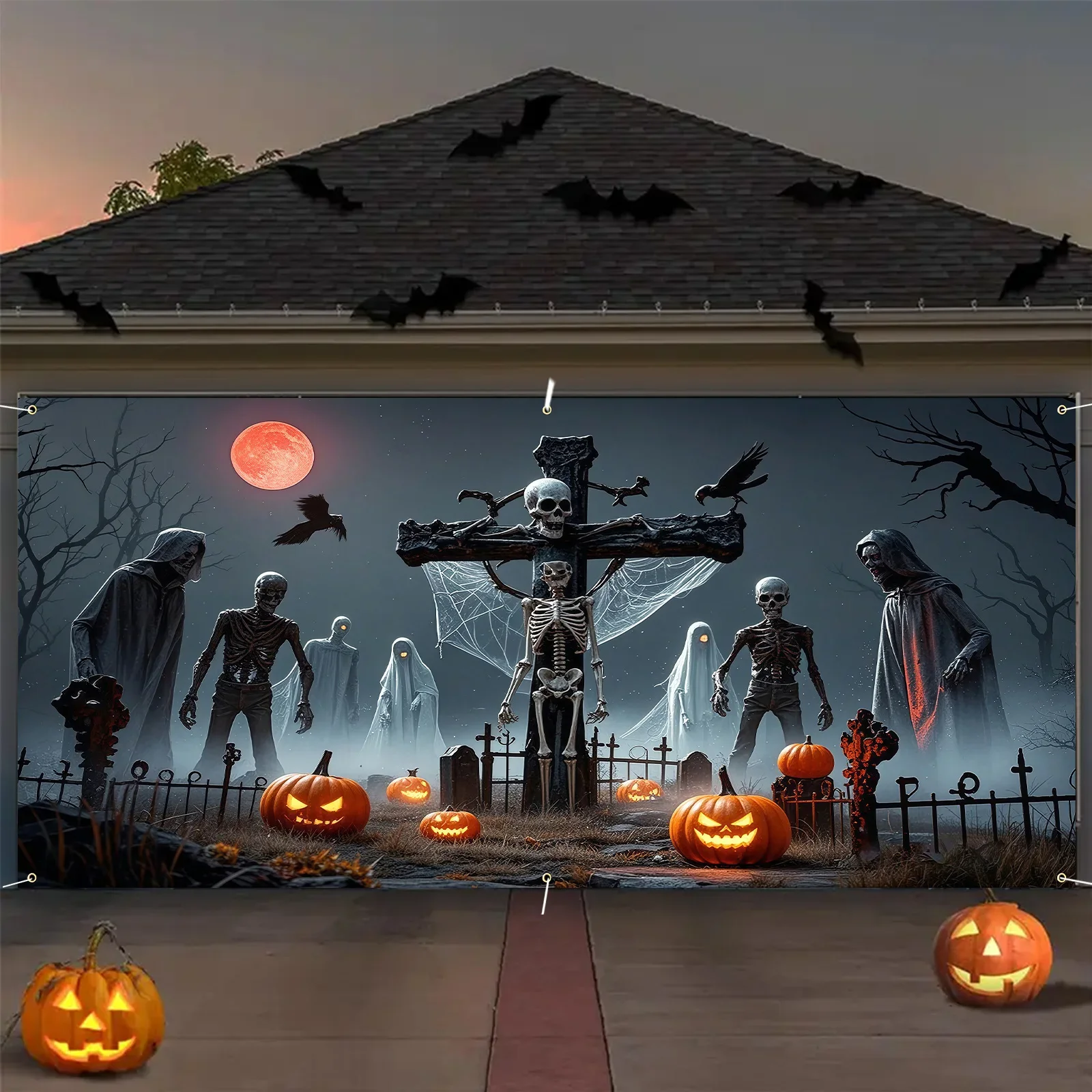 VIKAMA-Garagenflagge aus Polyester mit Halloween-Motiv – Horror-Schädel, Kürbis, Fledermaus- und Totenkopf-Design, Halloween-Dekoration