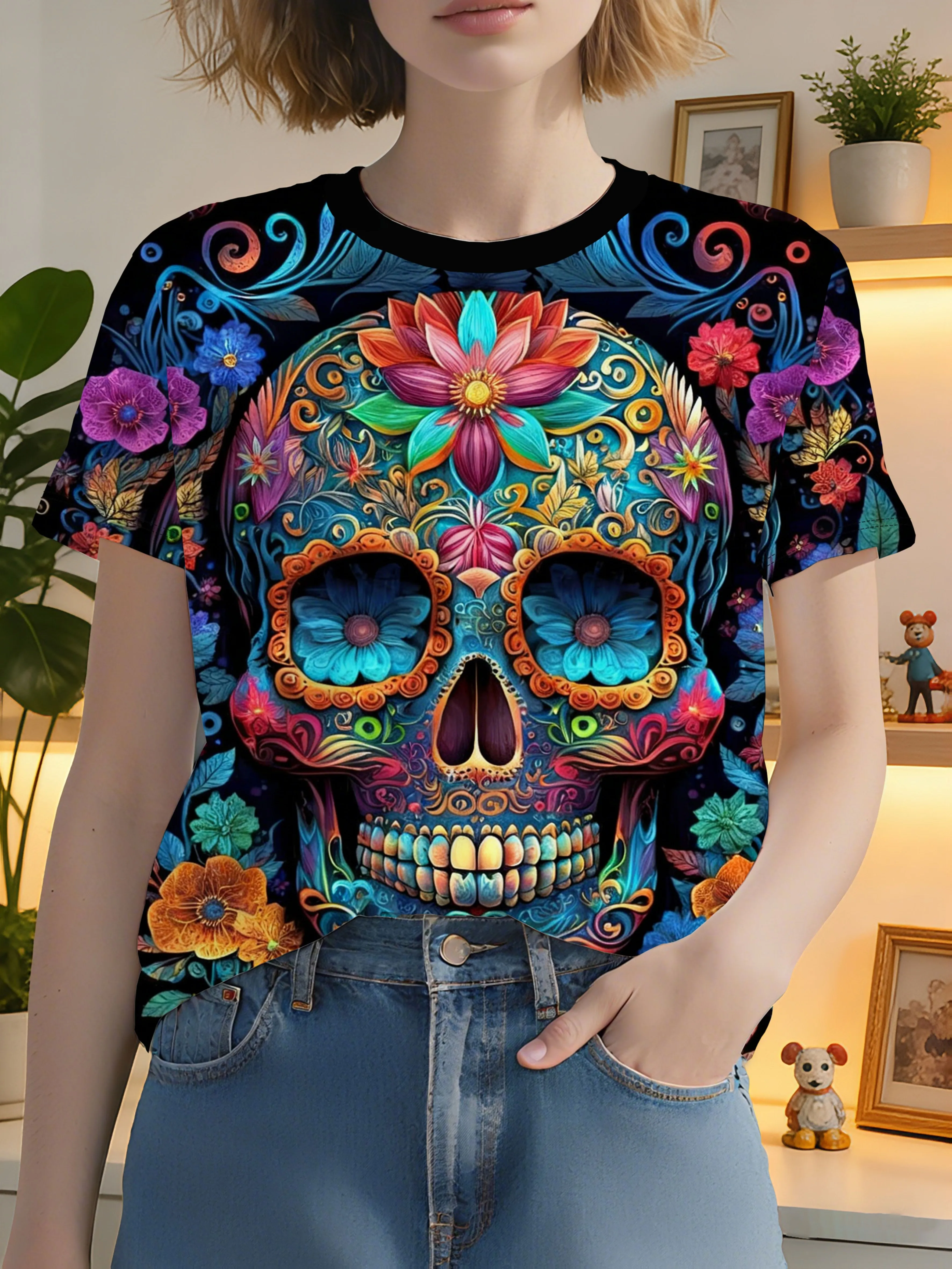 Women Colorful Sugar Skull Floral Print T‑Shirt Mexican Day Of The Dead O‑Neck Short Sleeve Tops