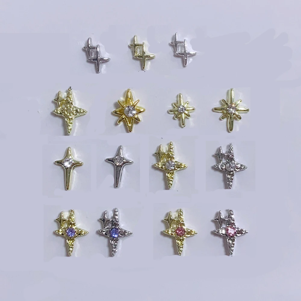 

10Pcs Diamond Stars Nail Art Charms 3D Gold/Silver Cross Star With Gems Crystals Nail Decoration Luxury DIY Manicure Accessories