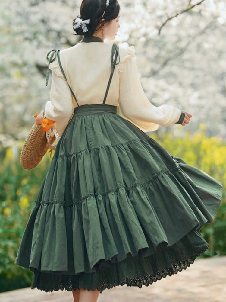 Chinese Lolita Style Spring Summer Long Midi Suspender Skirt Women Teen Girls Cute High Waist A-Line Lace Ruffle Skirts Pleated