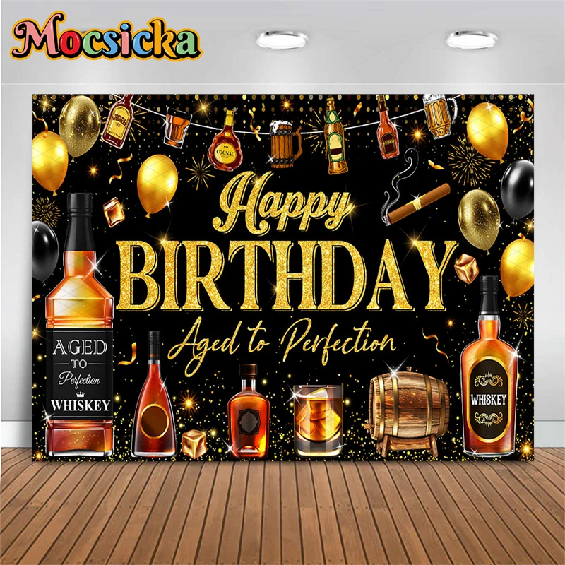 

Mocsicka Whiskey Happy Birthday Backdrop Black Gold Aged To Perfection Photography Background Men Party Decors Photo Booth Props
