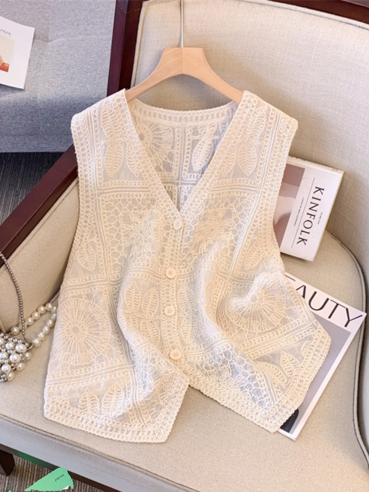 

Bohemian Hollow out Thin Vest Women's Outerwear Summer Large Size Fat MM Layered Sleeveless Sweater Open Cardigan Top