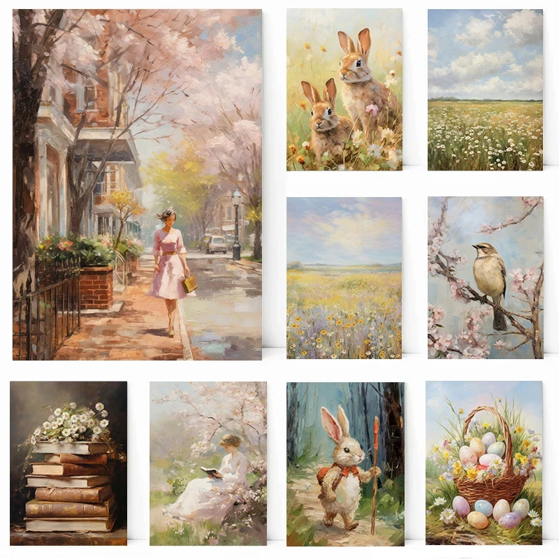 Spring & Easter Poster Spring Wildflower Field Rabbit Family Town City Easter Bunny Canvas Painting Wall Art Picture Home Decor