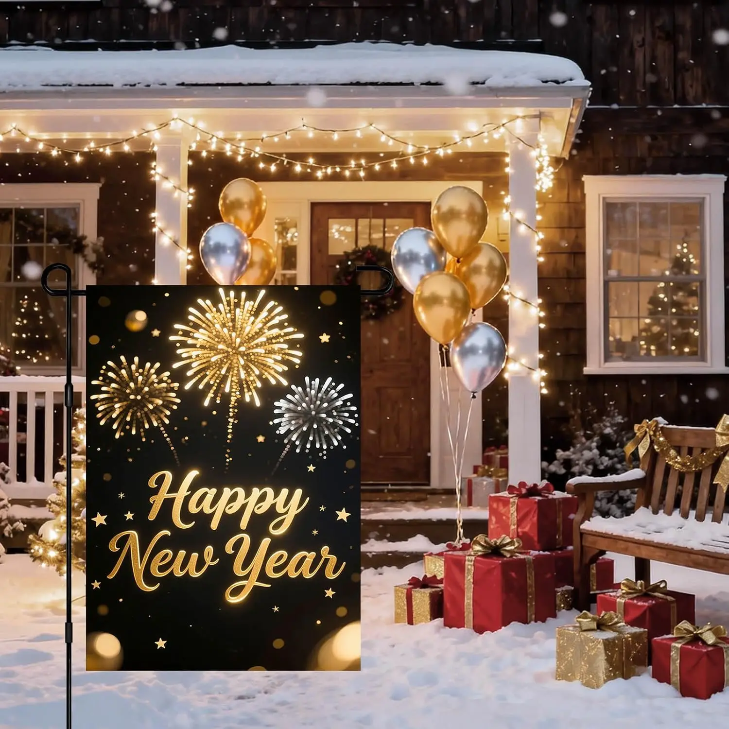 IVN New Year Garden Flag 12x18 Inch Double Sided Happy New Year Text with Golden Holiday Sparkle and Elegant Design Outdoor  SSL