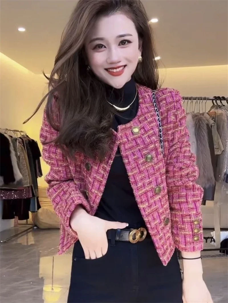 Vintage Red Tweed Coat Women's 2026 Autumn/Winter New French Vintage Loose and Versatile Show Thin Temperament Woolen Jacket Fem