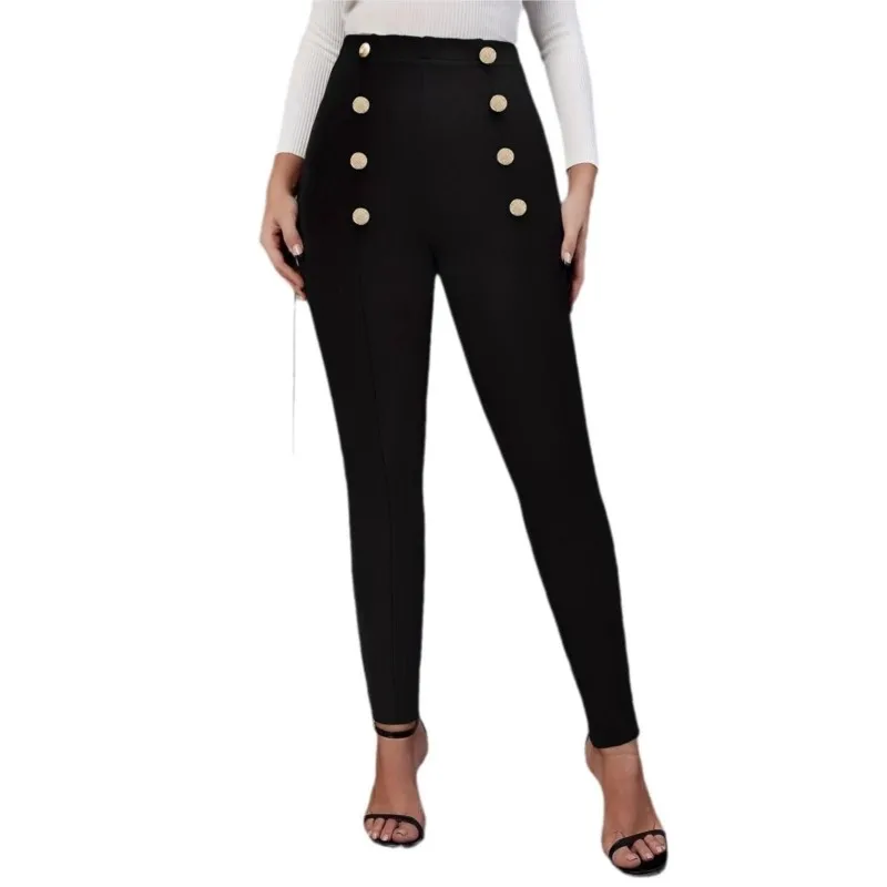 Black Casual Ladies Tight Pants Fashionable Double Breasted Buckle Decoration Elastic Waist Versatile Solid Color Pants New Item