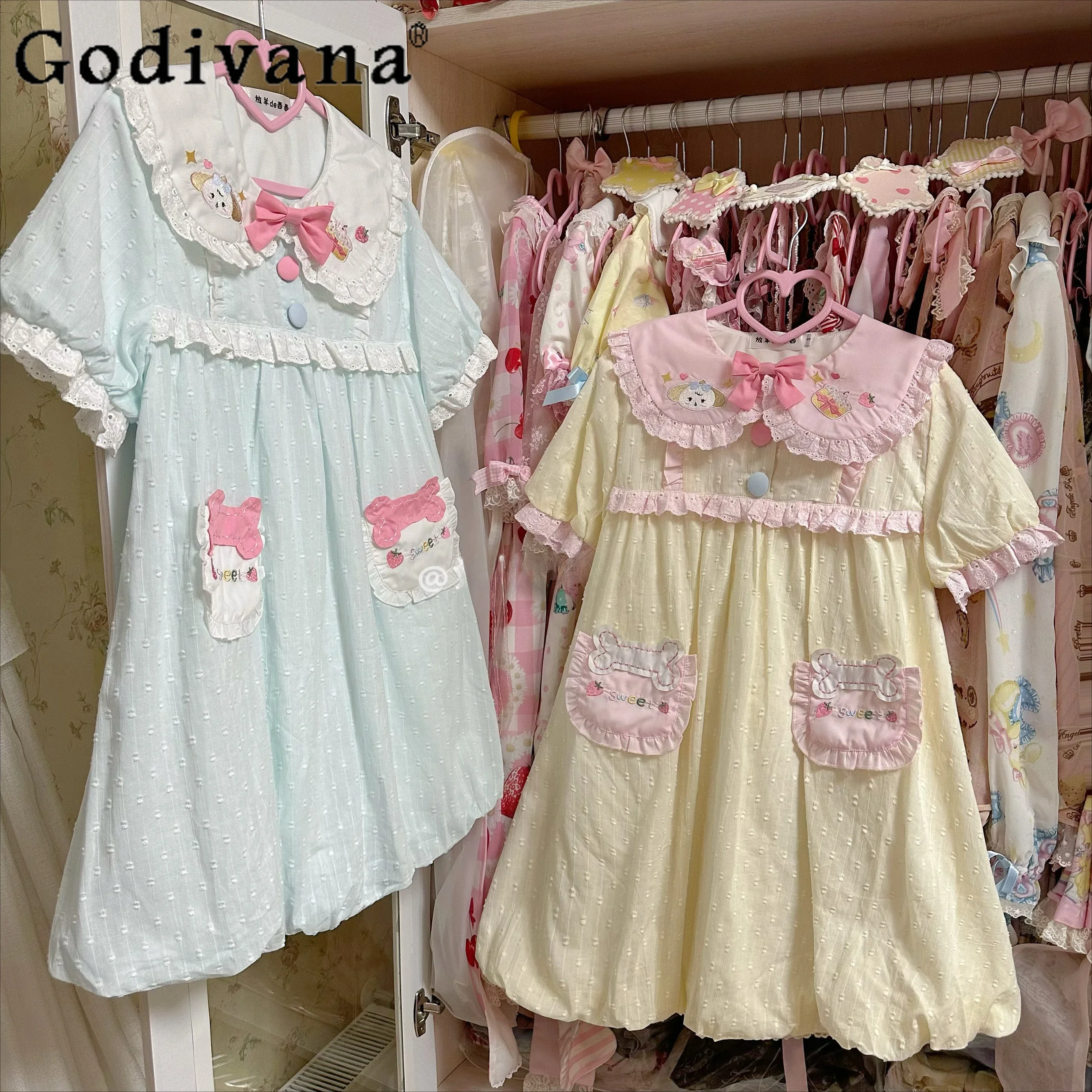 

Japanese Sweet Lolita Dress Womens Kawaii Bow Peter Pan Collar Cartoon Doggy Embroidery Cotton Dresses Girl Y2k Cute Mini Dress