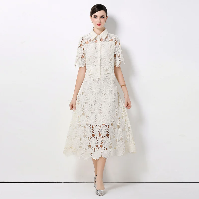 

High Quality Hollow-out Lace Suit Women Short Sleeves Lapel Tops+high Waist Big Swing Knee Length Skirt Female Two Piece Set