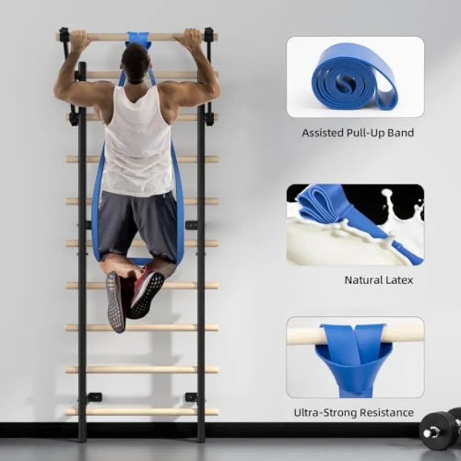 Swedish Ladder Wood Stall Bar with Suspension Trainer Straps Pull-Up Dip Bar Attachment Strategic Rods for Home School Physical