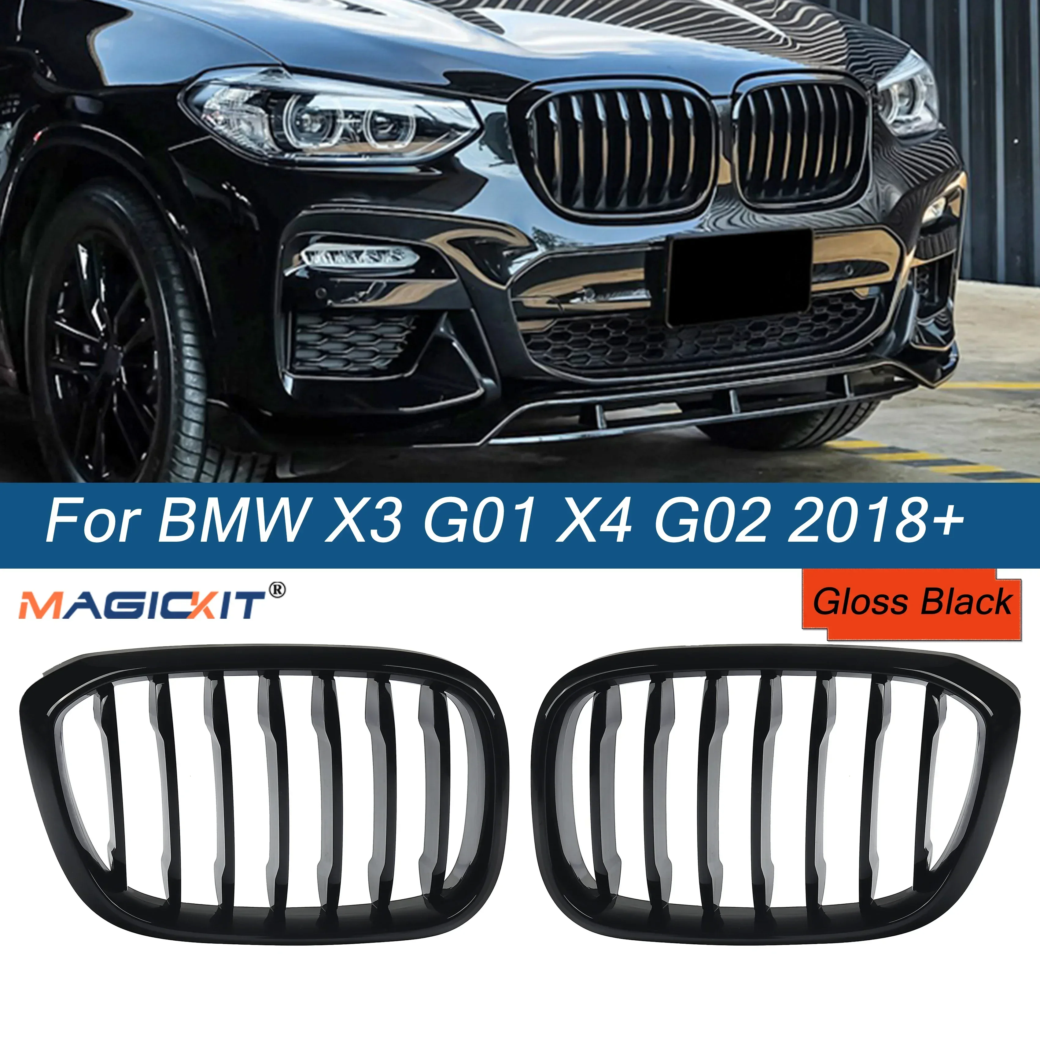 MagicKit For BMW X3 X3M G01 X4 G02 2018-2020 Front Bumper Grill Grille Gloss Black Single Slat Sport Style Car Replacement