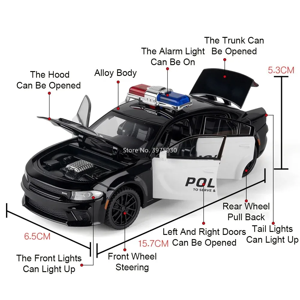 1:32 Scale Charger 1970 Model Police Car Toy Sound Light Metal Body Rubber Tires Sports Cars Models Simulated Sedan Holiday Gift view 3