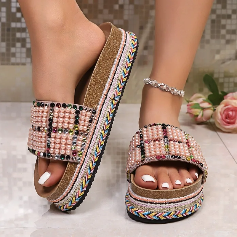 Fashion Ethnic Style Thick Soled Women's Sandals 2026 New Rhinestone Decor Comfortable Non Slip Women Shoes Сандалии Для Девочек