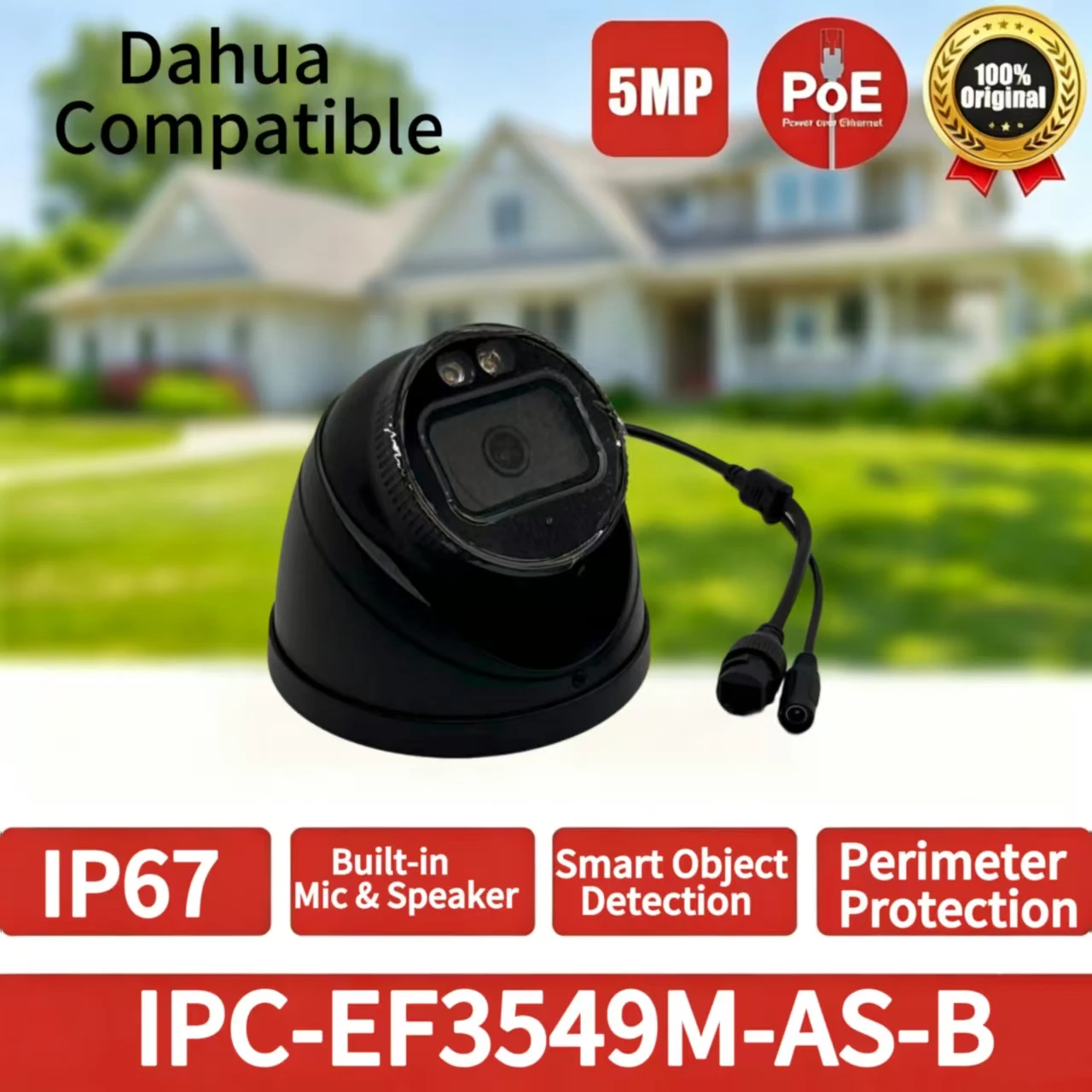 Cámara IP IPC-EF3549M-AS-B de 5MP, Visión Nocturna IR de 40m, PoE, IP67, Cámara de Seguridad y Vigilancia con IA para Exteriores, Compatible con Dahua