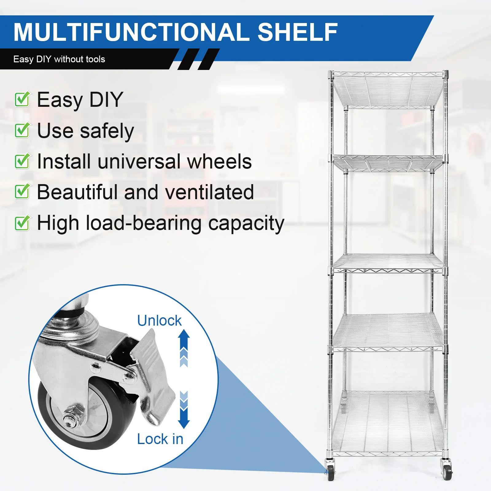 

5 Tier 7500lbs Capacity Metal Shelving with Wheels & Shelf Liner Metal Shelves Storage Rack for Kitchen Bathroom Pantry Basement