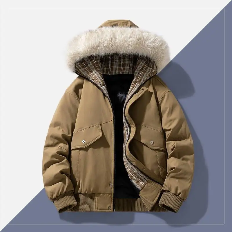 Men's Thick Warm Fur Collar Hooded Jacket Streetwear Winter Outdoor Sports Windproof Loose Fit Casual Bread Padded Jacket Coats