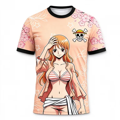 One Piece Wang Nami Full Screen Printed Straw Hat One Piece Skull Flag Badge Anime Cherry Blossom Mesh Loose Casual T-shirt