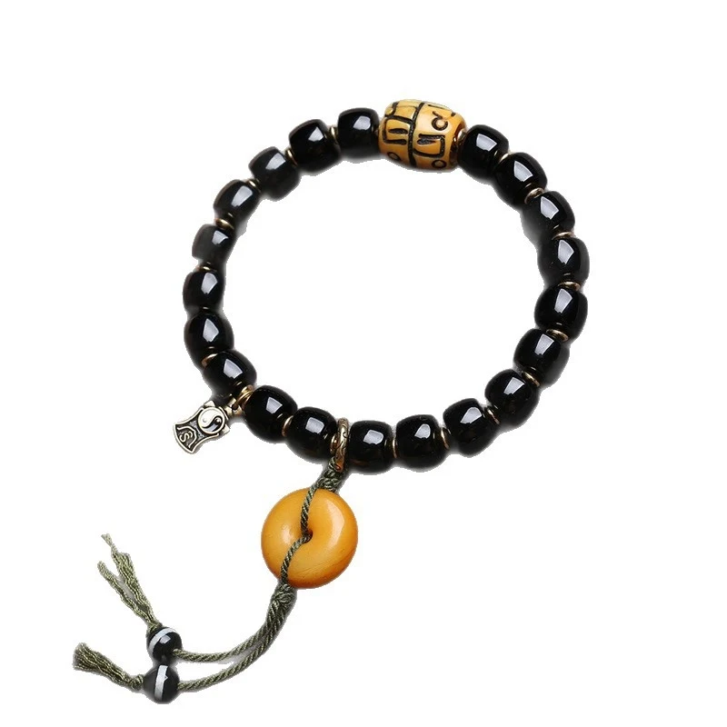 Black agate bracelet with beads, vintage bone peace, ivory peach, monkey bodhi, gourd accessories - view 5