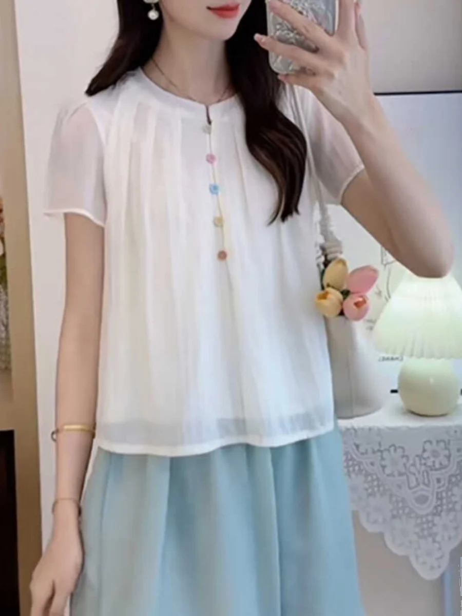 

plus Size Women's Summer Shirt Stylish Unique Slimming Tummy Covering Short Sleeve Loose Top Korean Style Button Detail Cool ...