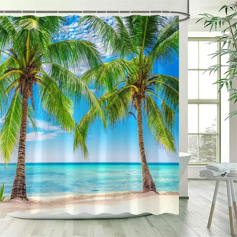 Ocean Landscape Shower Curtain Beach Palm Trees Parrots Dolphins Sea Waves Nature Scenery Bath Curtains Fabric Bathroom Decor