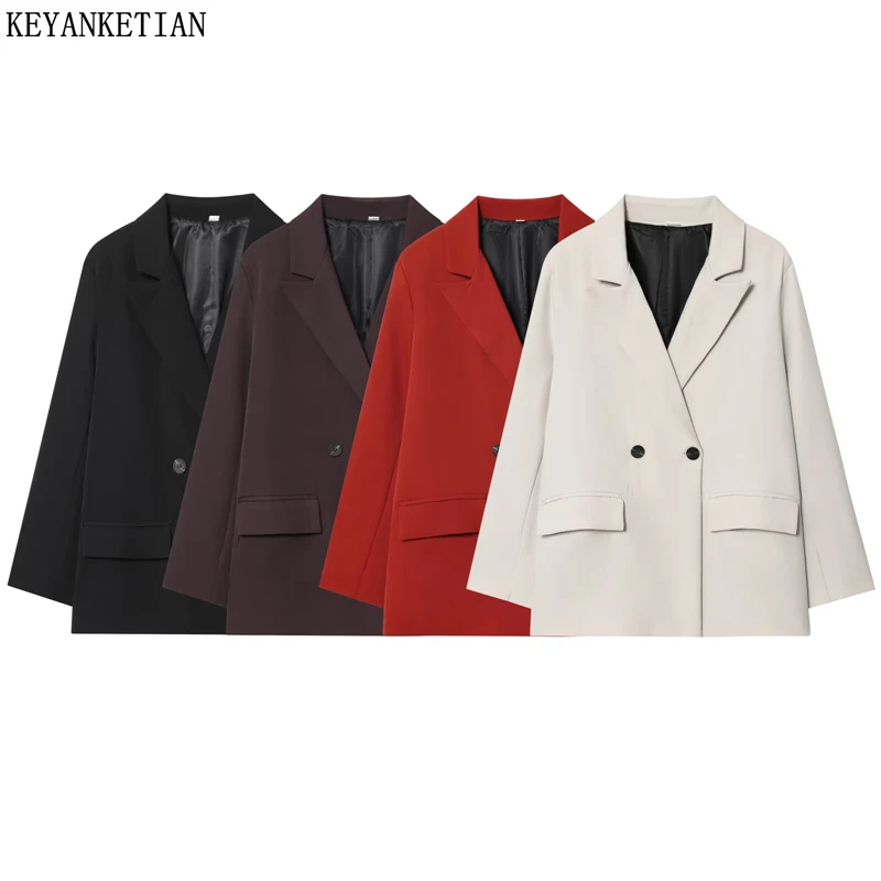 

KEYANKETIAN 2026, весенний новый женский однотонный однобортный костюм, пальто, офисный женский свободный пиджак с карманами и клапанами, верхняя одежда, топ