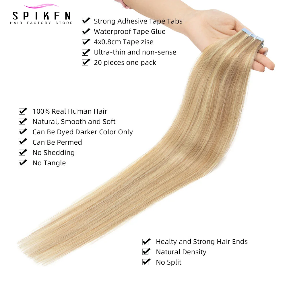 ไฮไลท์น้ําผึ้งสีบลอนด์ผมมนุษย์เทปส่วนขยาย Lighi น้ําหนักธรรมชาติตรงไม่มีรอยต่อ PU ผิว Weft ผม 10 ชิ้นสําหรับผู้หญิง
