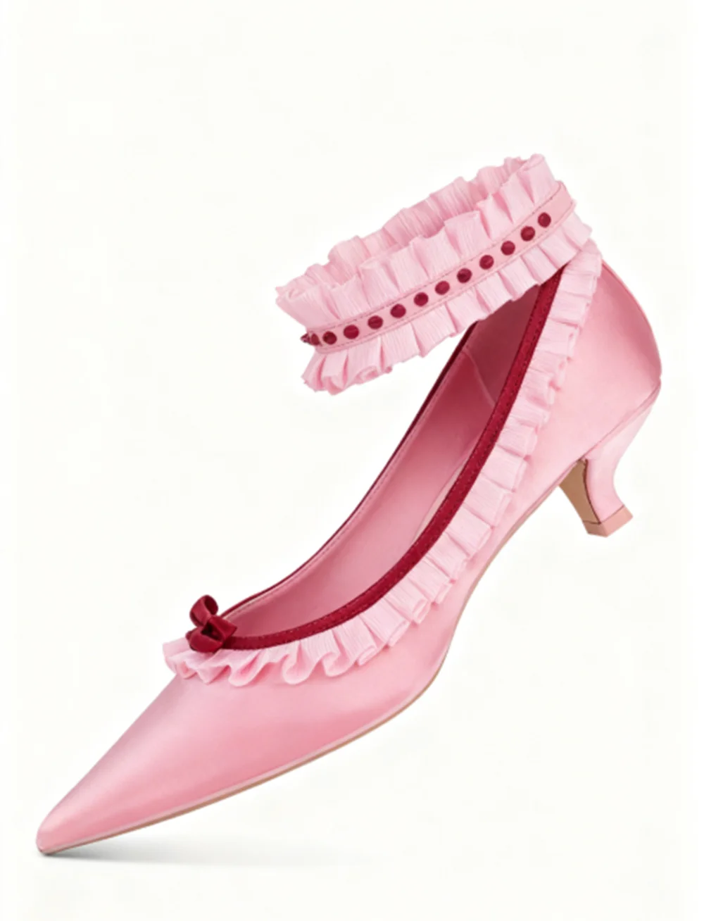 Soft Playful Style Blush Satin Pointed Toe Heels Ruffled Trim Red Gemstone Detail Sweet Elegant Ankle Strap Low Heels Shoes view 3