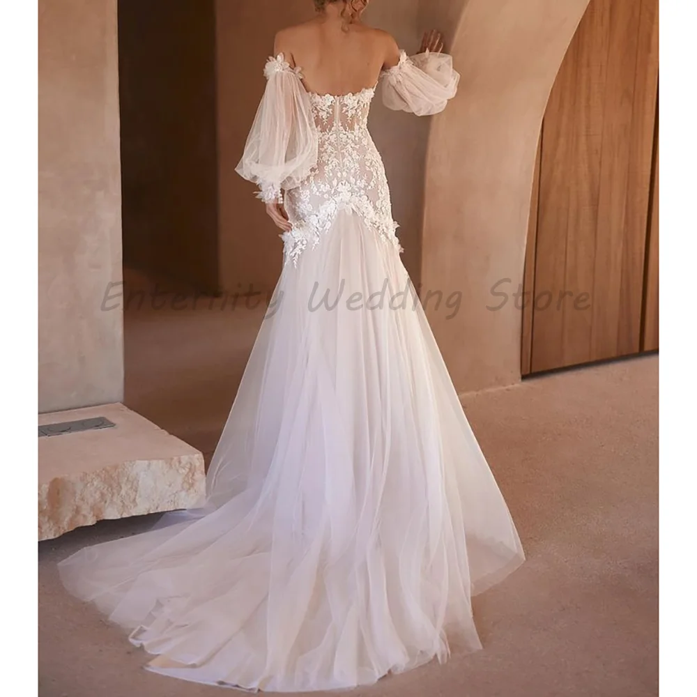 Off The Shoulder Puff Bubble Sleeve Wedding Dress 3D Floral Lace Sheer Corset Tulle Mermaid Bridal Gown With Train