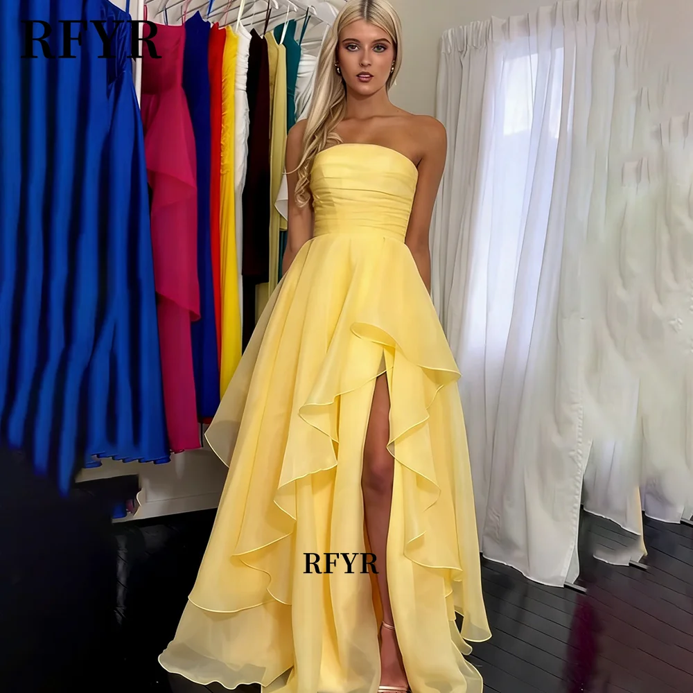 RFYR Yellow Prom Dress Strapless Evening Dress High Slit Party Dress Lace Up Back Celebrity Dress for Arabic Women Customized image 3